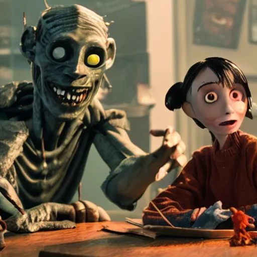 Image similar to a still of from the movie coraline crossover with the movie predator