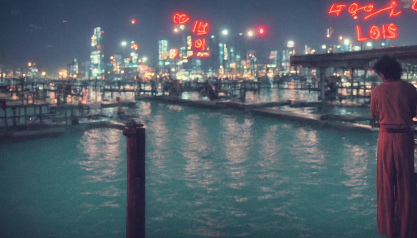 Image similar to 80s asian neon movie still with a lone man levitating over a pier by the river at night with city lights behind his back. Fallen angels movie still. hyperrealistic, photorealistic, high definition, medium format photography, highly detailed, tehnicolor, anamorphic 50mm lens