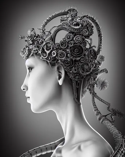 Image similar to mythical dreamy black and white organic bio-mechanical spinal ribbed profile face portrait detail of translucent steampunk beautiful female angelic-human-queen-vegetal-cyborg, highly detailed, intricate trnaslucent ivy jelly ornate, poetic, translucent roses ornate, 3D render, digital art, octane render, 8K artistic photography, photo-realistic, by Dora Maar