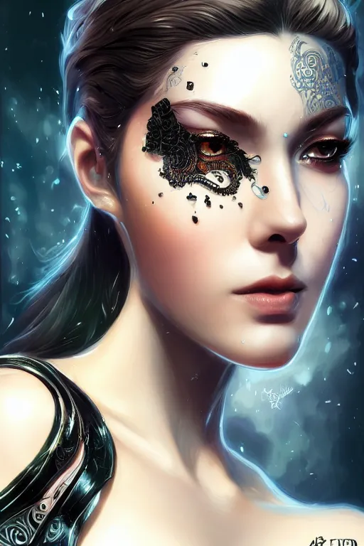 Image similar to beautiful female android in distress!, black shiny eyes, half portrait, background explosion, intricate detailed environment, floro details, intricate, elegant, highly detailed, digital painting, artstation, concept art, smooth, sharp focus, illustration, art by artgerm and brian sum