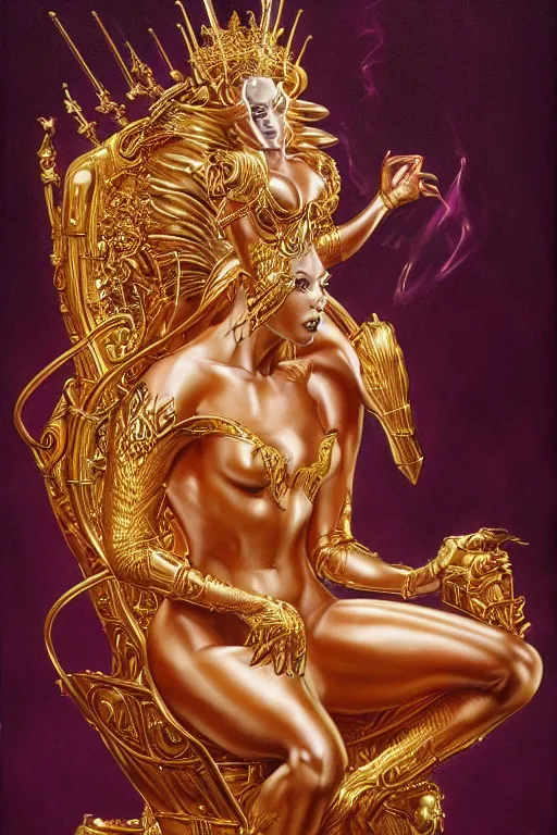 Prompt: airbrush painting of an amazing magic golden queen seated over a fantasy throne, by hajime sorayama and boris vallejo, realistic, hyperdetailed, centered, trending on artstation,