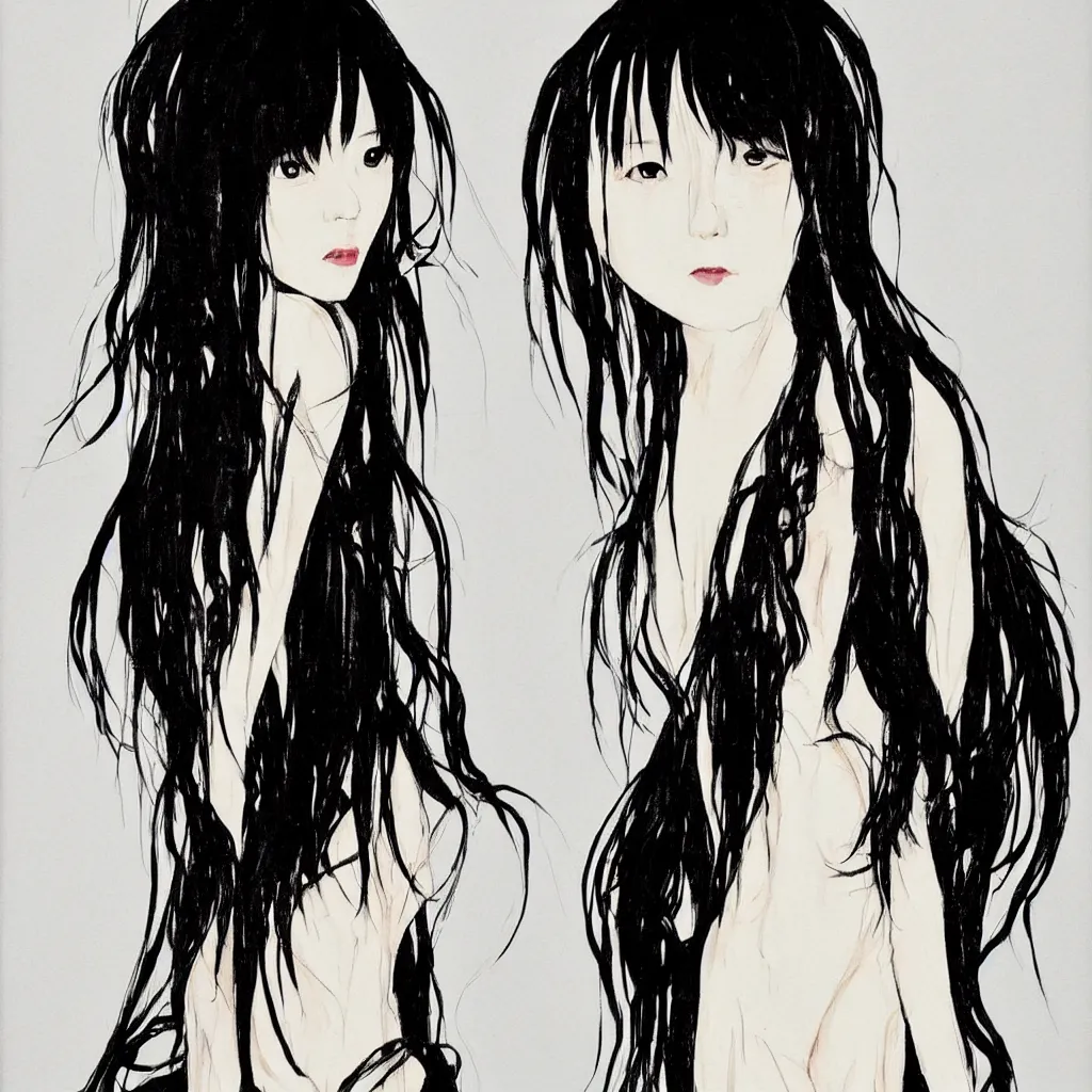 Image similar to Harry Weisburd Artwork Black Wet Hair, Hachishakusama wearing a long absurd white gown, Eight-Feet-Tall, #One shot Goddess, Full Body abnormal