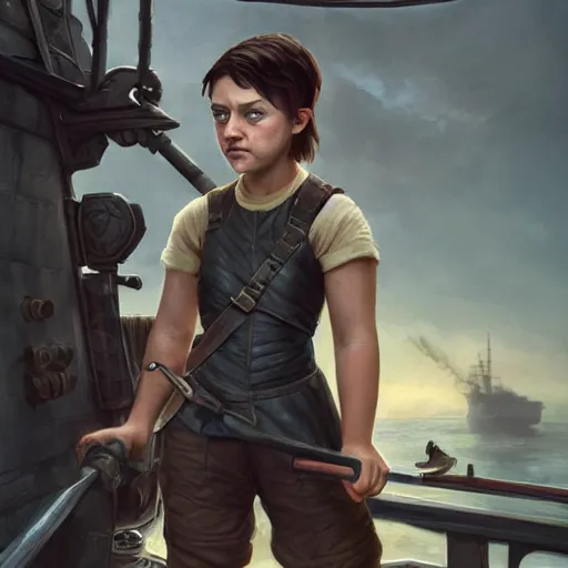 Image similar to arya stark as a beautiful muscular female gnome mechanic, short black pixie undercut hair, standing on ship deck, naval background, intricate, D&D, highly detailed, full body portrait, wide angle, digital painting, artstation, smooth, sharp focus, great composition, illustration, art by Greg Rutkowski, trending on artstation