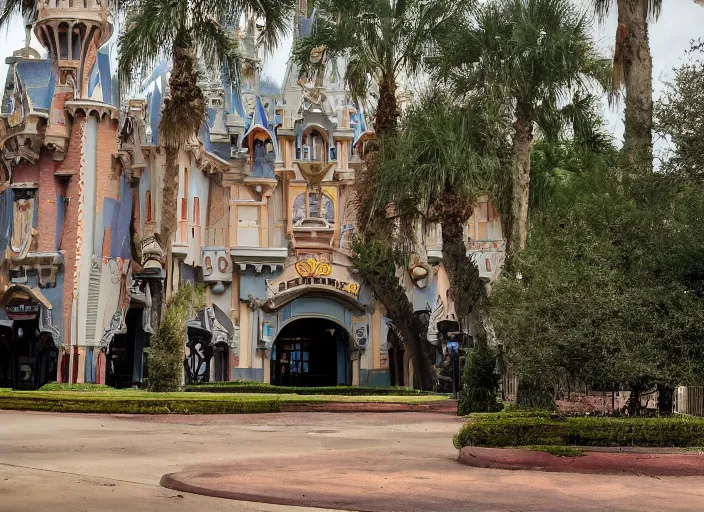 Image similar to cinematic shot of the outside of the Disney world park, shut down, abandoned, Florida, out of business, castle is falling apart, got shut down, kids place, liminal spaces, backrooms, empty, overgrown, Disney world, Disney land, theme park, roller coasters, Disney
