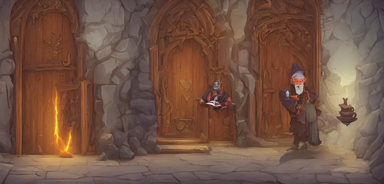 Image similar to old wizard holding a book standing in front of an elaborate wooden door. cracked stone steps lead up to the door., icon vector minimalist warcraft, loftis, cory behance hd by jesper ejsing, by rhads, makoto shinkai and lois van baarle, ilya kuvshinov, rossdraws global illumination