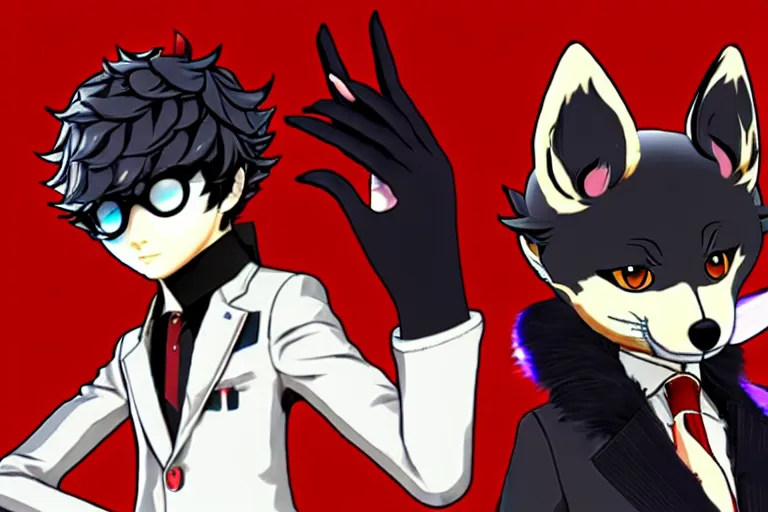 Image similar to in the persona 5 : royal ( by atlus ) video game casino level, a furry male sandcolored tan fox fursona ( has hair ), persona 5 phantom thief style