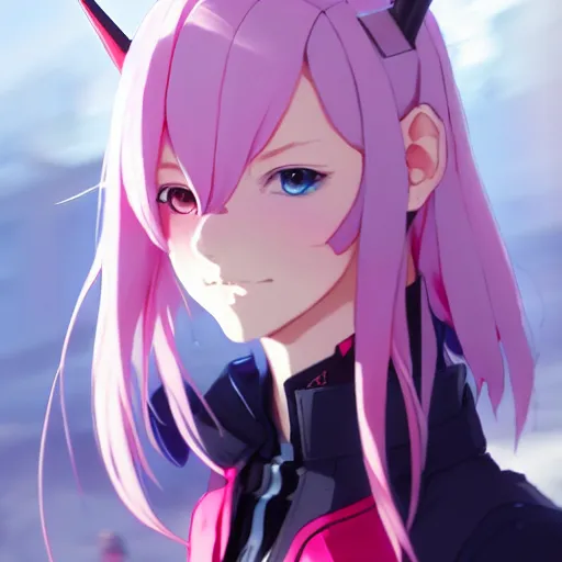 Image similar to a beautiful girl with pink hair, wearing futuristic uniform, red horns, jrpg armor, perfect anime face, gapmoe yandere grimdark, trending on pixiv fanbox, painted by greg rutkowski makoto shinkai takashi takeuchi studio ghibli, akihiko yoshida