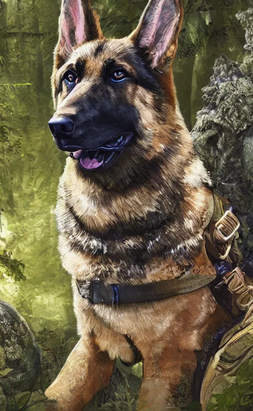 Image similar to close up character portrait icon of the german shepard military uniform head animal person fursona wearing clothes standing in the bright forest, hidari, color page, tankoban, 4 k, tone mapping, akihiko yoshida