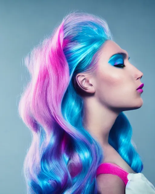 Image similar to a dramatic lighting photo of a beautiful young woman with cotton candy hair. with a little bit of cyan and pink