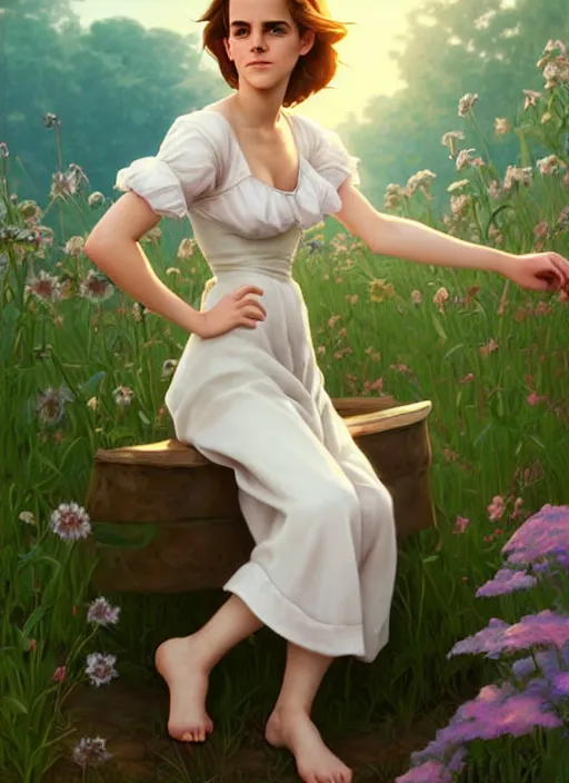 Image similar to cute buxom emma watson milkmaid, natural lighting, path traced, highly detailed, high quality, digital painting, by don bluth and ross tran and studio ghibli and alphonse mucha, artgerm