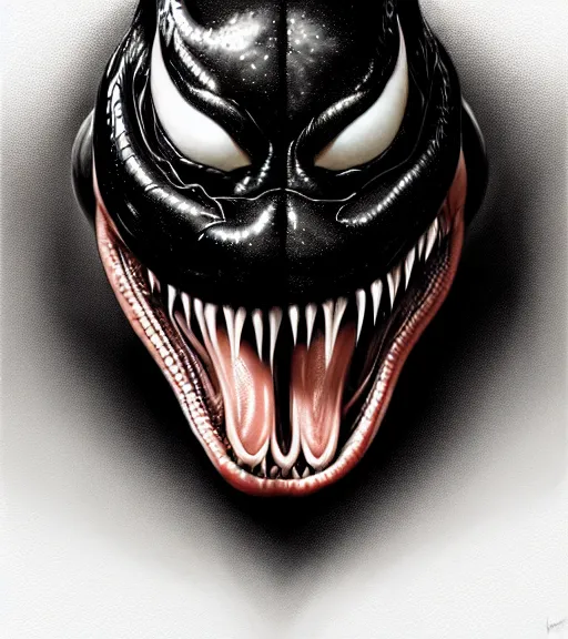 Image similar to portrait of a venom with heightened detail, poised, intense emotion, detailed facial expression, detailed surroundings, intricate, elegant, highly detailed, centered, digital painting, artstation, concept art, smooth, sharp focus, illustration, by ( leonardo da vinci ), wlop