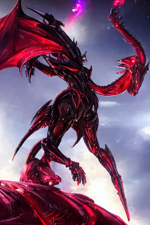 Prompt: galactic hyperdetailed elegant beautiful stunning giantess anthropomorphic mecha sexy hot female dragon goddess, sharp spines, sharp metal crest, sharp red eyes, sharp red skin, sharp black armor, bigger than galaxy, epic proportions, epic scale, epic size, warframe destiny fanart, furry, dragon art, goddess, giantess, furaffinity, octane render