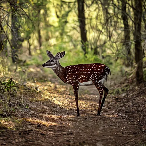 Image similar to a beautiful spotted deer with rocket launchers in the woods, canon eos c 3 0 0, ƒ 1. 8, 3 5 mm, 8 k, medium - format print