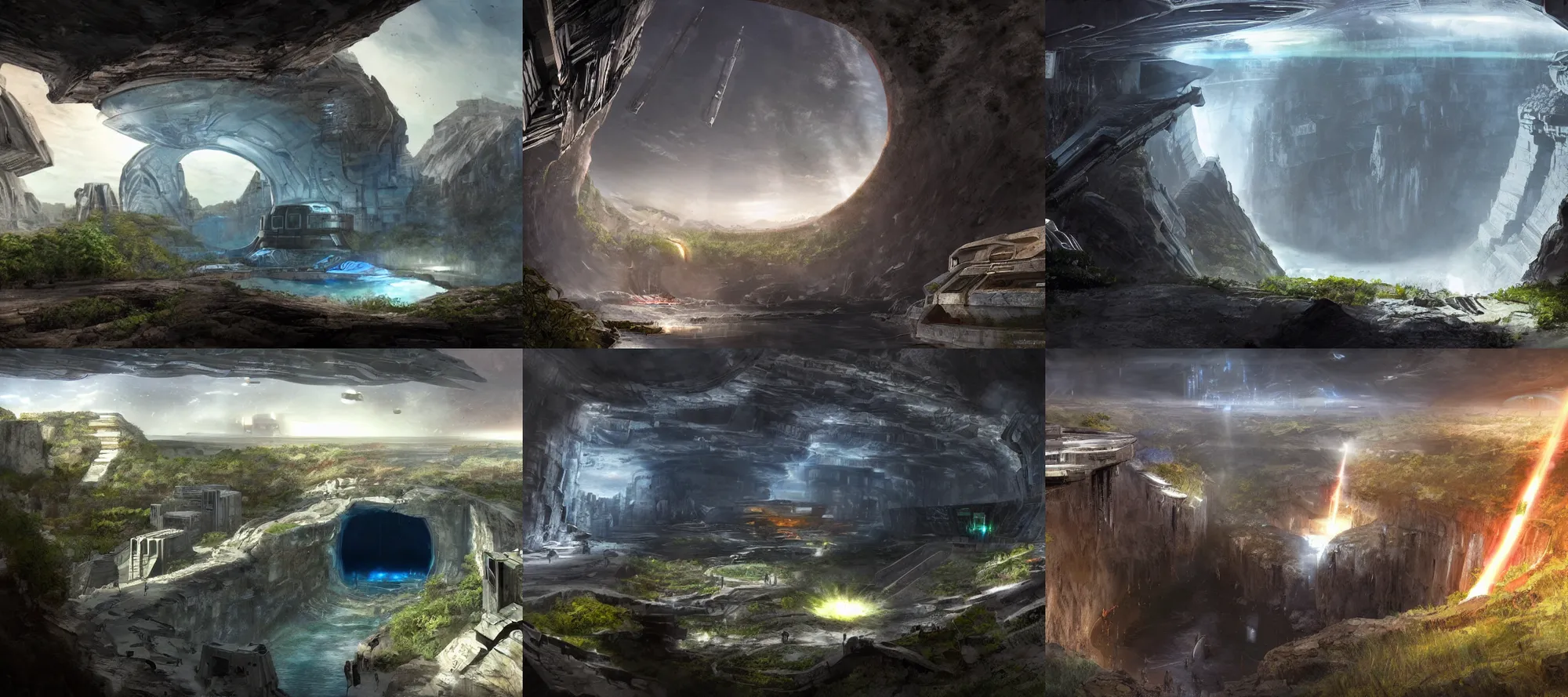 Prompt: a massive cenote hole in the ground, hundreds of modern halo, mass effect, star wars futuristic buildings built on and around the cliff wall, large central tower in the middle, mattepainting, concept art, future architecture