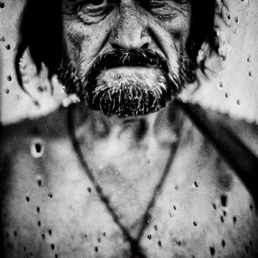 Prompt: Monochrome portrait of an intense old man with facial tattoos on a rainy misty street at night, the only light source is a bright overhead street light, close-up, motion blur, grainy Tri-X pushed to 3200, 24mm tilt-shift, water drops on the lens, holga