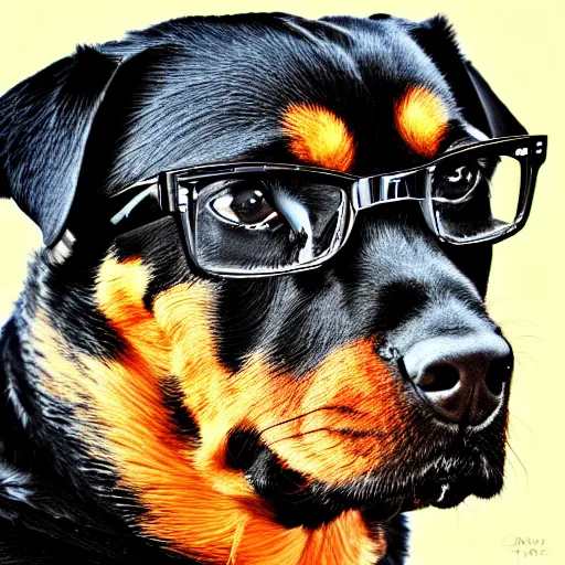 Prompt: Stern looking Rottweiler wearing eyeglasses, digital art