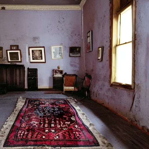 Prompt: Full view of a wide and very dark parlor that is dimly lit by a morning sunbeam coming through a window, dust glints in the air, plain gray walls have slightly cracked with time, a single photo with a broken frame hangs crooked on the wall, a small tattered Persian rug with muted colors is on the floor, a child\'s dull red wagon is in the corner of the room filled with old books, a ceiling fan with an old draw string, cinematic, vignette, ultrarealistic, super high resolution, photograph, still, serene, low energy, 4K, lighting study