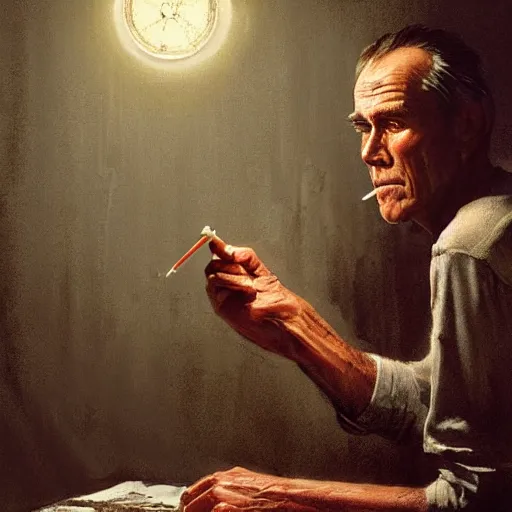 Image similar to a highly detailed epic cinematic concept art CG render digital painting artwork costume design: Henry Fonda as a 1950s tired disillusioned poet, barefoot, holding a lit cigarette. volumetric lighting. By Greg Rutkowski, in the style of Francis Bacon and Syd Mead and Norman Rockwell and Beksinski, open ceiling, highly detailed, painted by Francis Bacon and Edward Hopper, painted by James Gilleard, surrealism, airbrush, Ilya Kuvshinov, WLOP, Stanley Artgerm, very coherent, triadic color scheme, realistic facial expression, art by Takato Yamamoto and James Jean