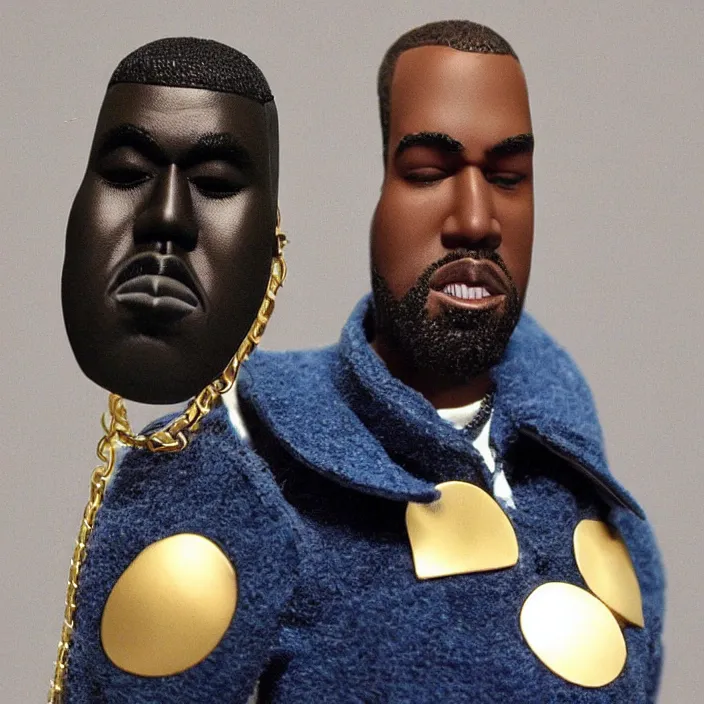 Prompt: a goodsmile figure of kanye west using a black face - covering mask made of cloth with small holes, a blue undersized open puffer jacket, a black shirt underneath, small gold chain, and black rubber boots, figurine, detailed product photo