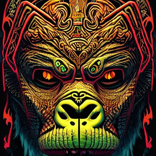 Image similar to barong family member, wiwek, mara demon, one single tribe member, jungle, one single mask, dark, ancient warrior, gorilla, lizard, tribal, inner glow, art by dan mumford and justin gerard