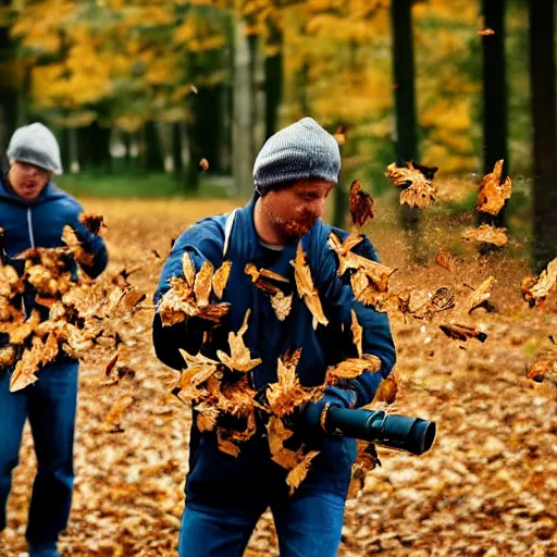 Image similar to men with leaf blowers fighting the falling leaves in a forest, detailed face, CANON Eos C300, ƒ1.8, 35mm, 8K, medium-format print