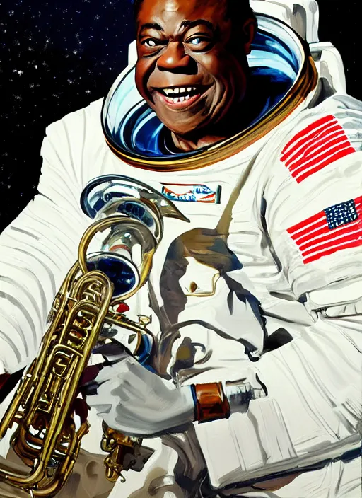 Image similar to a portrait of louis armstrong wearing a space suit on the moon, trumpet, by greg manchess and john singer sargent and jonathan yeo, dramatic lighting, highly detailed digital painting