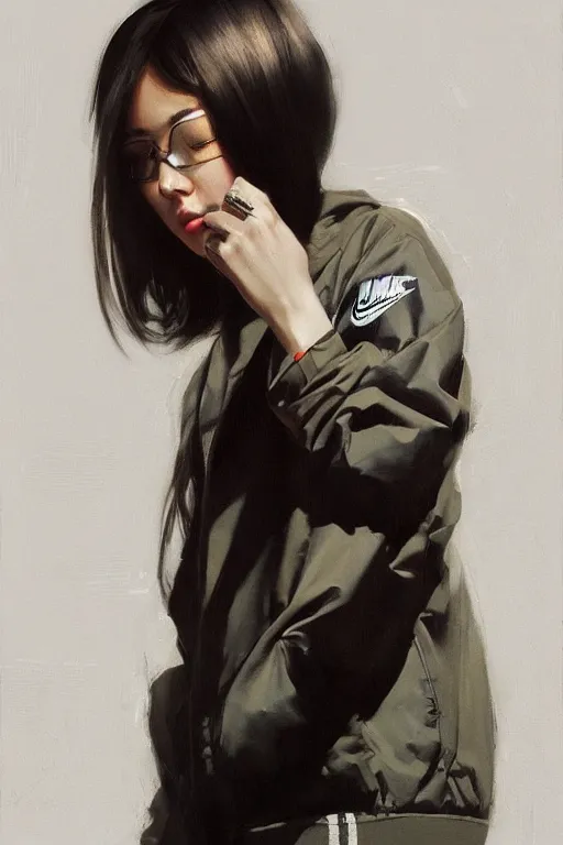 Image similar to A ultradetailed beautiful portrait panting of a stylish girl wearing an oversized Nike jacket, Oil painting, by Ilya Kuvshinov, Greg Rutkowski and Makoto Shinkai