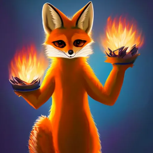 Image similar to furaffinity furry art of an anthro fennec character holding fireballs and wearing a blue sweatshirt, digital painting, detailed, cute, big eyes