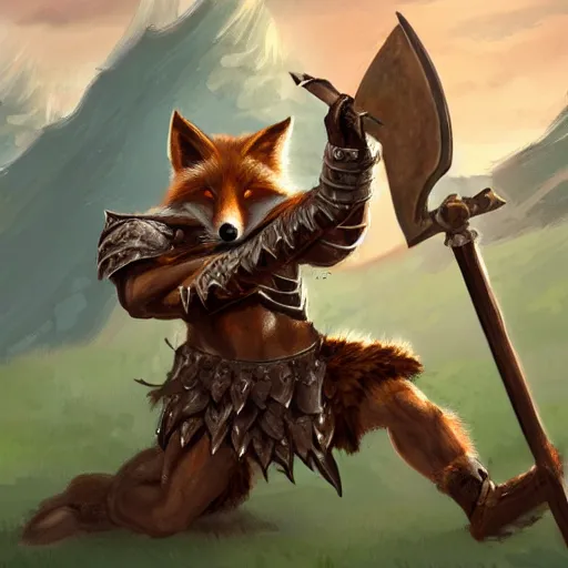 Prompt: an anthro fox warrior wearing leather armor and carrying a large warhammer, in the style of dungeons and dragons concept art, digital illustration. An anthro fox warrior swinging a Warhammer in full armor