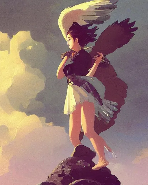 Prompt: a female anthropomorphic eagle warrior standing heroically on a rock. trees. atmospheric lighting, stunning, brave. Eagle girl. by studio ghibli painting, clouds, wide angle , low-angle shot, by Joaquin Sorolla rhads Leyendecker, by Ohara Koson and Thomas Kinkade, traditional Japanese colors, superior quality, masterpiece,trending on artstation