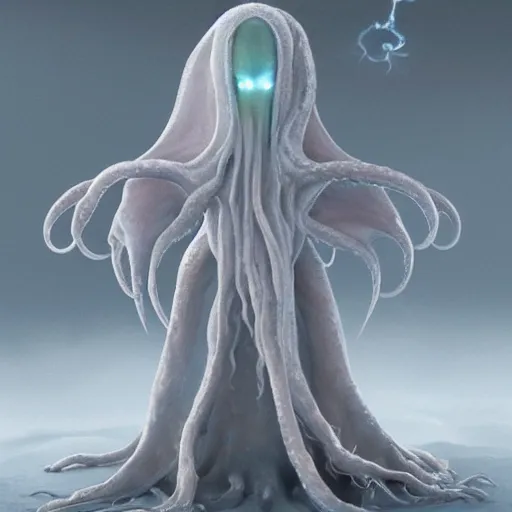 Prompt: concept designs for an ethereal ghostly wraith like figure with a squid like parasite latched onto its head and long tentacle arms that flow lazily but gracefully at its sides like a cloak while it floats around a frozen rocky tundra in the snow searching for lost souls and that hides amongst the shadows in the trees, this character has hydrokinesis and electrokinesis for the resident evil village video game franchise with inspiration from the franchise Bloodborne and the mind flayer from stranger things on netflix