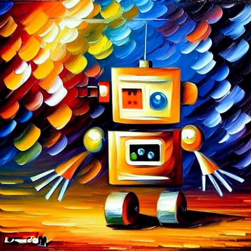 Prompt: a cute little robots painting by leonid afremov