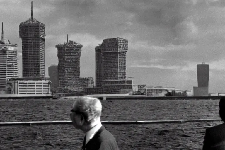 Image similar to a filmstill of Kim Jong-il looking at Pulgasari the starfish Kaiju monster destroying Pyongyang, in Dr Strangelove by Stanley Kubrick (1964), traditional Korean city, palace, epic ultrawide shot, cinemascope