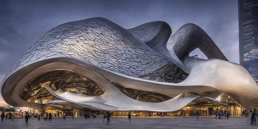 Image similar to extremely detailed ornate stunning sophisticated beautiful elegant futuristic museum exterior by Zaha Hadid, Milan buildings in the background, smooth curvilinear design, stunning volumetric light, stainless steal, concrete, translucent material, beautiful sunset, tail lights