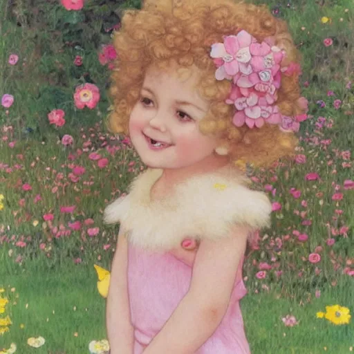 Image similar to a beautiful smiling little [[[[[[[[blonde toddler]]]]]]]]] girl with short loosely curly hair, at the park on a beautiful day, holding a round all-pink stuffed penguin, by Artgerm, Mucha Klimt, Hiroshi Yoshida and Craig Mullins, featured on Artstation, CGSociety, Behance HD, Deviantart