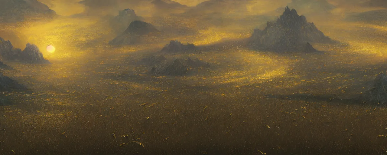 Prompt: a dark and golden landscape, with golden rivers and mystical birds that fly along, very detailed concept art, matte painting, digital art, concept art, beautiful, trending on Artstation, by Gustav Klimt