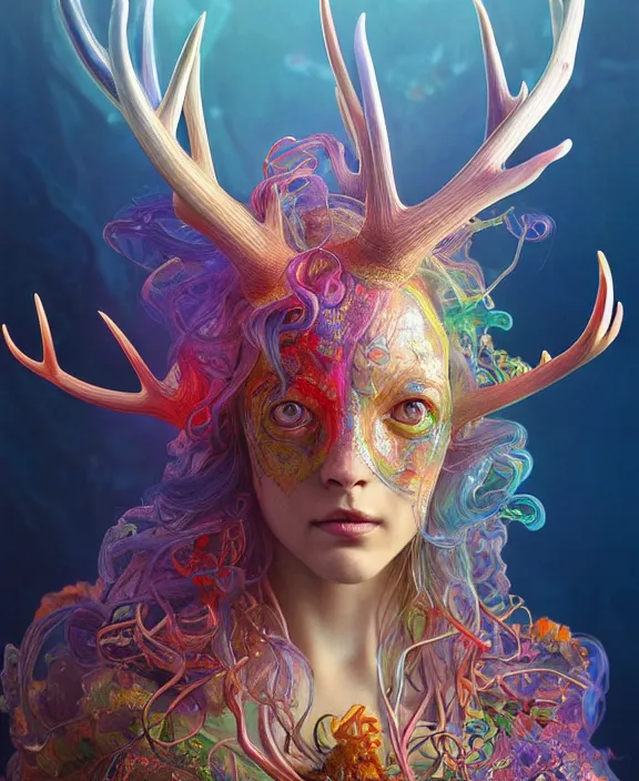 Image similar to intricate colorful transparent portrait of a terrifying beautiful alien sea creature, antlers, mottled coloring, adorable, childlike, anxiety environment, ultra realistic, concept art, art nouveau, photorealistic, octane render, 8 k, unreal engine. art by christopher marley and artgerm and greg rutkowski and alphonse mucha