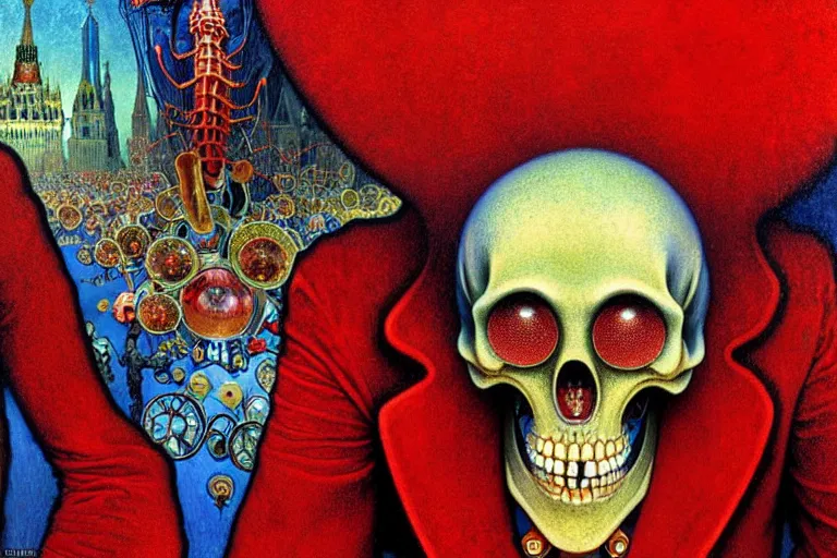 Image similar to realistic detailed closeup portrait painting of a single skeleton wearing red velvet blazer in a crowded futuristic moscow street by Jean Delville, Amano, Yves Tanguy, Alphonse Mucha, Ernst Haeckel, Edward Robert Hughes, Roger Dean, rich moody colours, blue eyes