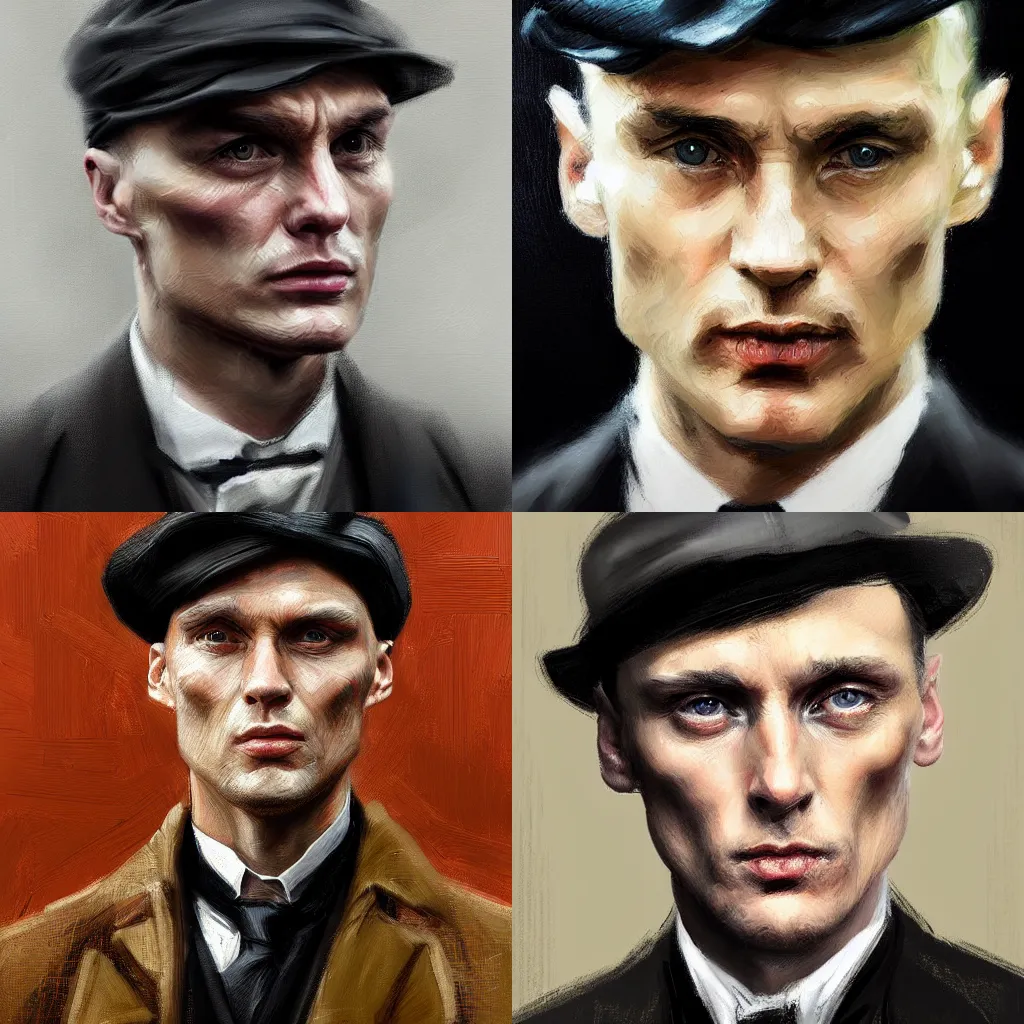 Prompt: A hyperdetailed digital oil portrait painting of Tommy Shelby in the style of Guy Denning and Ruan Jia. Trending on ArtStation and DeviantArt. Digital art.