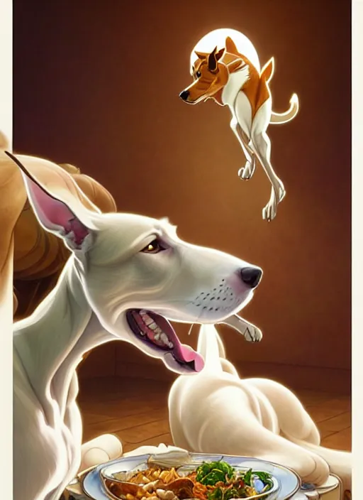 Image similar to white brown greyhound stealing food, natural lighting, path traced, highly detailed, high quality, digital painting, by don bluth and ross tran and studio ghibli and alphonse mucha, artgerm