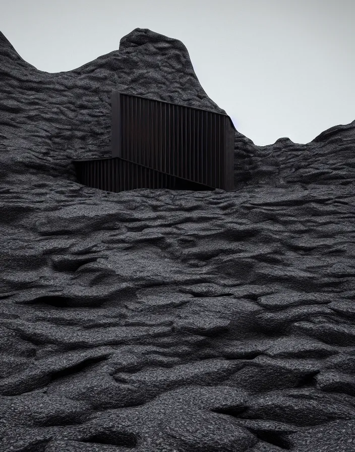 Image similar to tall black geometric house, embedded in lava cliff, full view, black house, molten metal house, minimal, rippled white landscape, dwarven architecture, light from molten iron, octane render, hyper realistic, 8 k, octane render