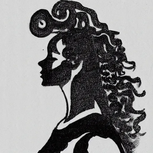 Image similar to a black and white drawing of the silhouette of a woman with long curly tied hair using a dress