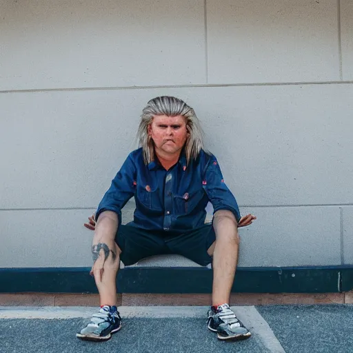 Image similar to A bogan with a mullet haircut waiting for the bus, Canon EOS R3, f/1.4, ISO 200, 1/160s, 8K, RAW, unedited, symmetrical balance, in-frame