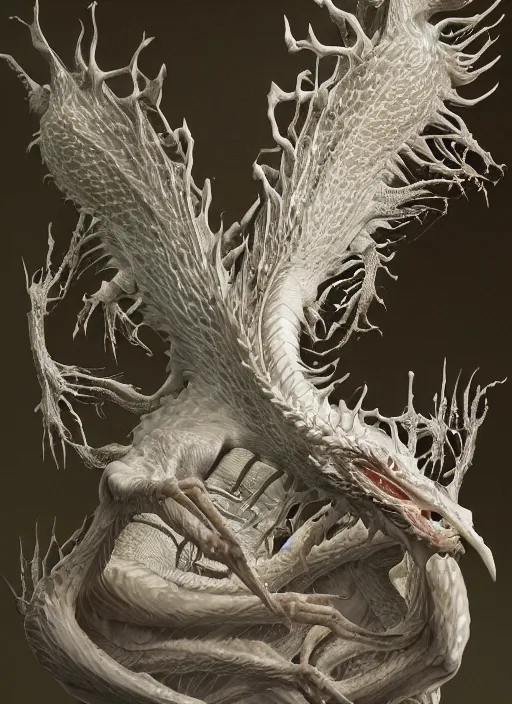 Prompt: portrait of a white dragon with translucent skin, visible muscles and veins and arteries and bones and spines and nerves, beautiful detailed intricate insanely detailed octane render, 8k artistic photography, photorealistic, chiaroscuro, by David Cronenberg, Raphael, Caravaggio