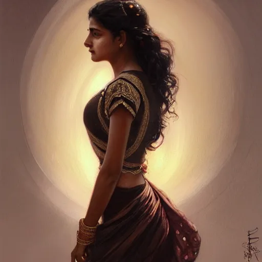 Prompt: portrait of a british-indian teenage girl with wavy black hair, desi girl with dark brown skin, glowing skin, fantasy, intricate, elegant, dress shirt, highly detailed, digital painting, artstation, concept art, smooth, sharp focus, illustration, art by Krenz Cushart and Artem Demura and alphonse mucha