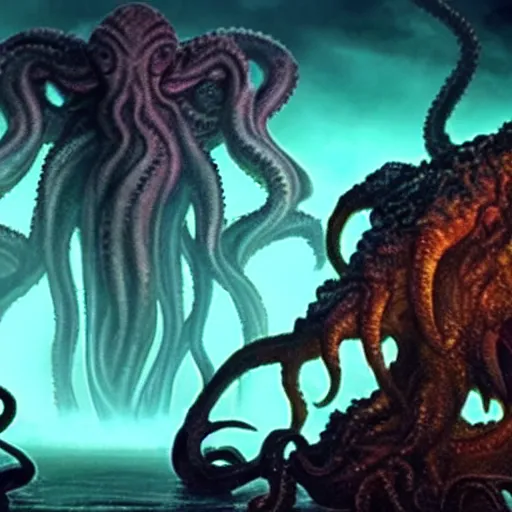Prompt: beautiful cinematic scene of Cthulhu the cosmic god consuming the fearful people