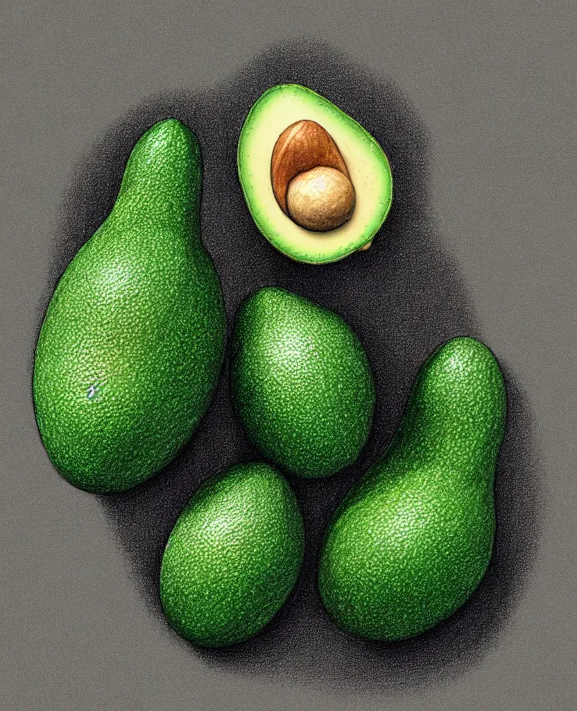 Prompt: close up illustrated sketch of one ripe avocado. detailed.