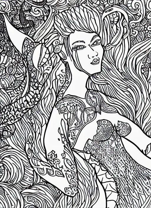 Image similar to an adult coloring page of mermaids, highly detailed