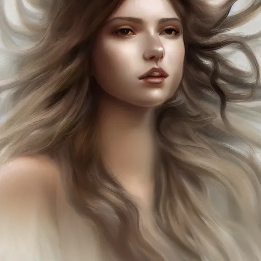 Image similar to A portrait of an attractive young female wind angel, beautiful long cloud hair, wearing tumultus clouds, intricate, highly detailed, elegant, digital painting, trending on artstation