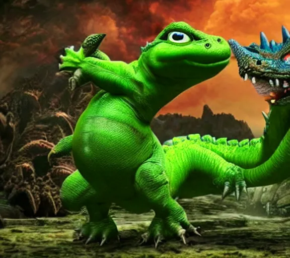 Prompt: yoshi in monster hunter, green dinosaur dragon